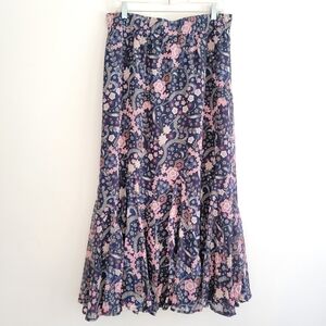 LOFT Navy Pink Floral Paisley A-Line Skirt Pull On Easy Wear Lined Long Large